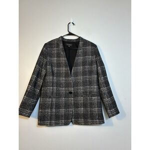 Halogen Tweed Jacket Women's Sz M Gray Plaid Preppy Wool Blend One Button Close‎